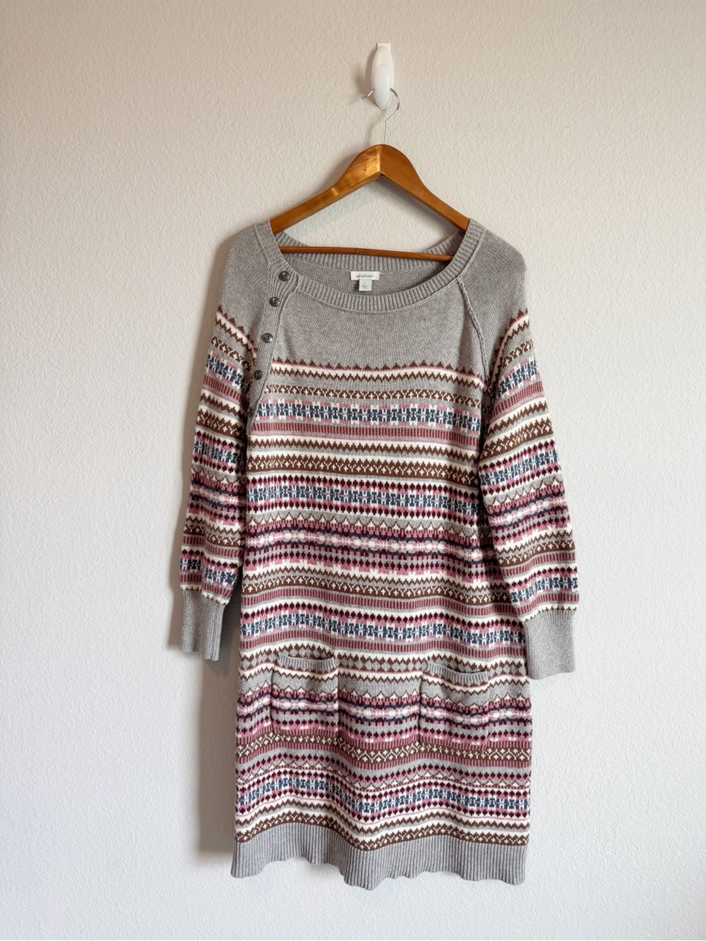 Sundance Elise Lighthouse Grey Fair Isle Cotton Wool Sweater Dress Size Large